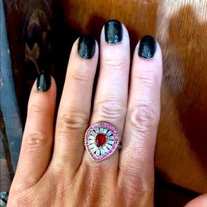 Teardrop Ruby Topaz & Crystal Baguettes Oval Cocktail Accent Ring Size 8